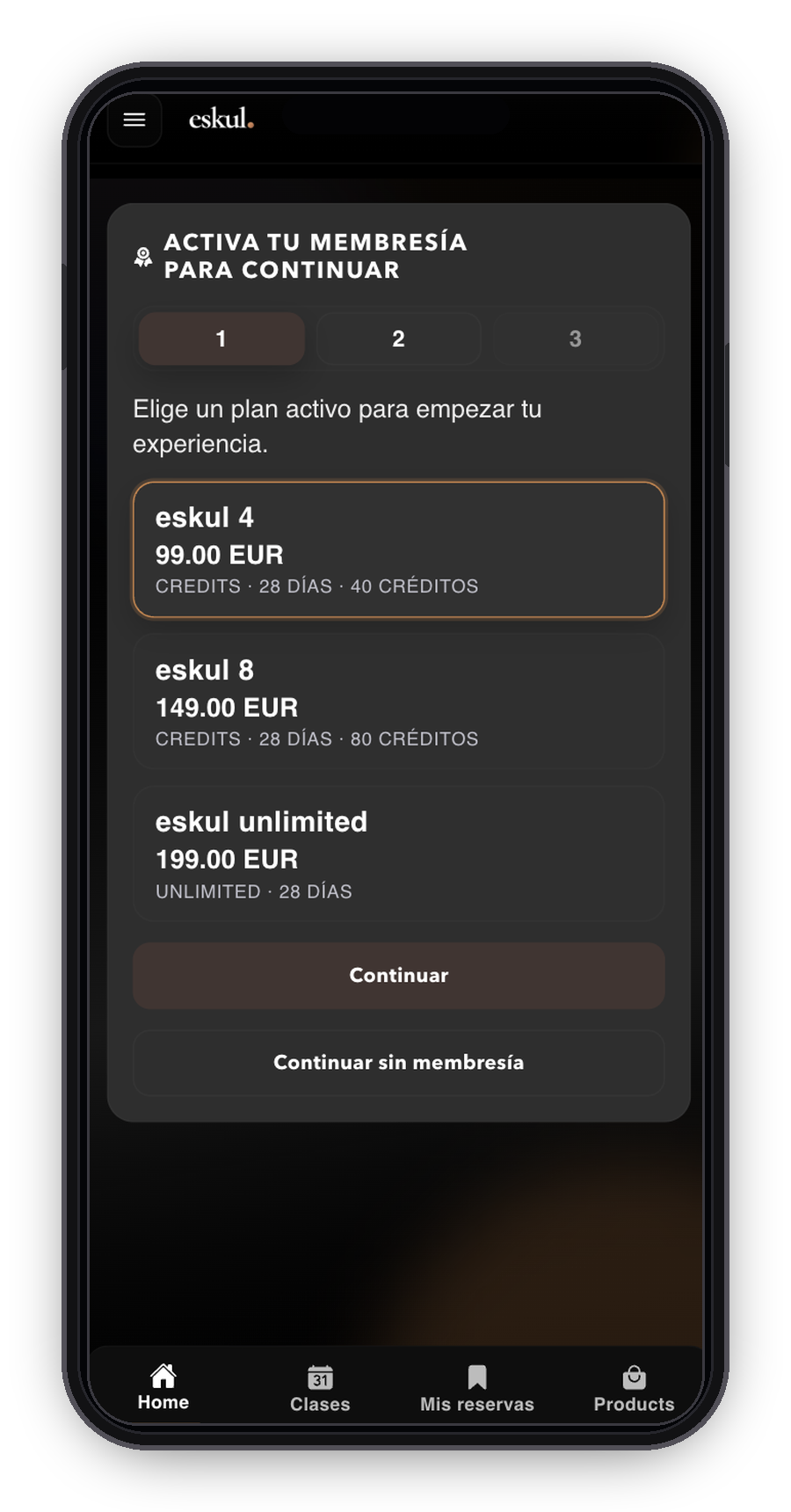 iPhone con pantalla de seleccion de membresia Eskul