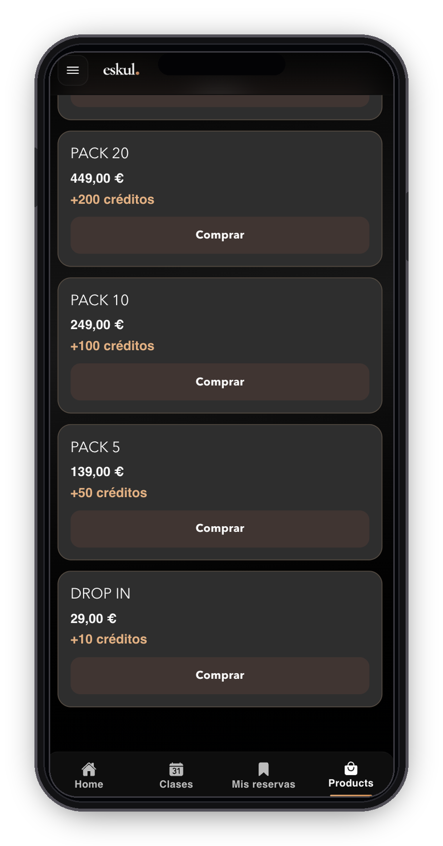 iPhone con pantalla de packs de creditos Eskul